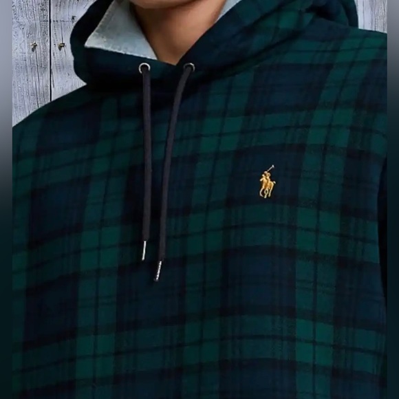 POLO RALPH LAUREN • BOY’S FLEECE BLACKWATCH PLAID HOODIE • green sherpa blue - Picture 4 of 9